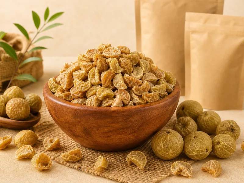 Dried amla — whole Indian gooseberry and dried segments in a bowl