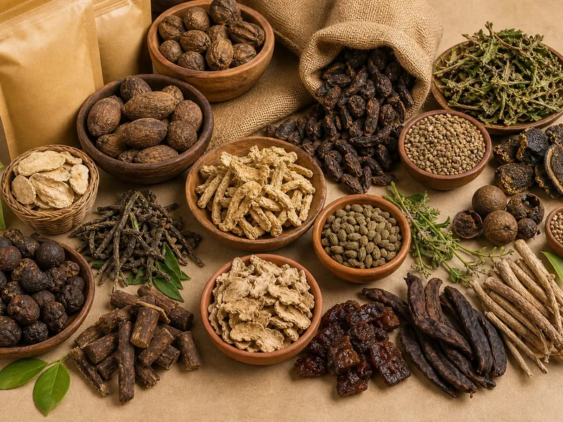 Assorted Indian herbs and botanicals in bowls — roots, pods, seeds and leaves
