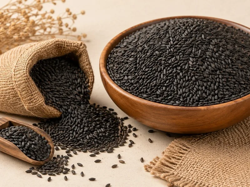 Cleaned black niger seed in a wooden bowl with jute sack
