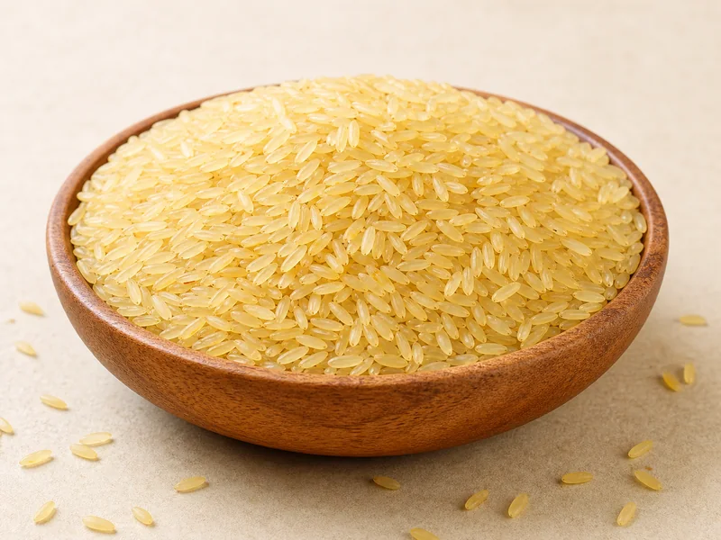 Indian non-basmati parboiled rice in a wooden bowl