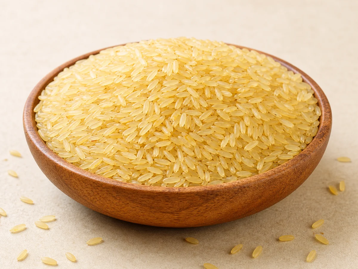 Indian non-basmati parboiled rice grains in a wooden bowl