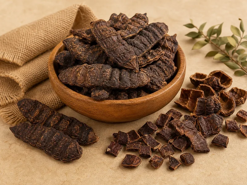 Dried shikakai pods, cut pieces and shells in a wooden bowl